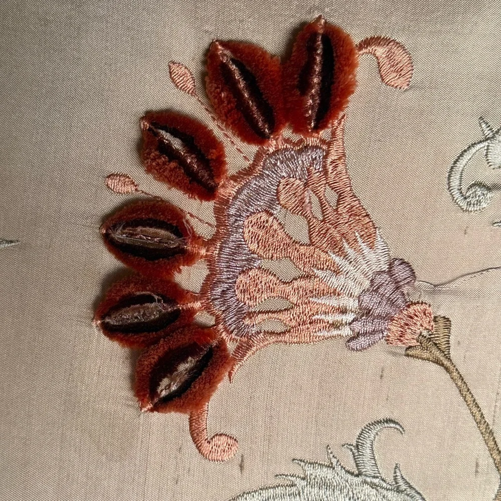 Beautiful silk Down Custom sewn and embroidered Floral Fringed Throw Pillow 18”